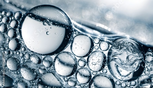 Macro view of transparent water bubbles on a blue background