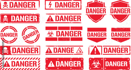 Collection of red danger warning signs and symbols with text danger on white background, hazard alert