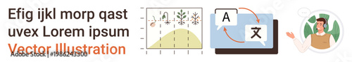 Data visualization, language translation, education, global communication, technology interface, analytics. Graph, translation tool person with headset . Data visualization and language translation