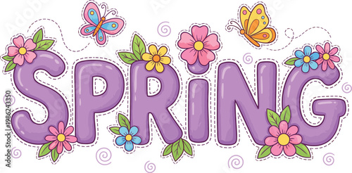 Colorful spring word with decorative flowers and butterflies on a white background, charming design