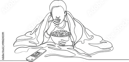 Continuous line drawing of young person wrapped in blanket eating popcorn while watching television