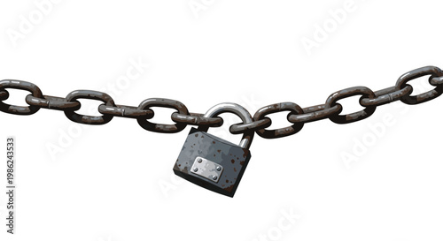 A weathered and heavily rusted iron chain hangs horizontally across a stark white background while a secure dark metallic padlock anchors the center link.