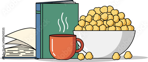 Cozy setup for relaxation with books, hot drink, and popcorn, perfect for a quiet evening indoors