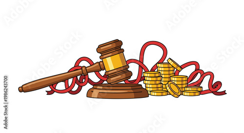 A polished wooden judicial gavel sits prominently next to multiple stacks of golden coins and a long winding strand of vibrant red bureaucratic tape.