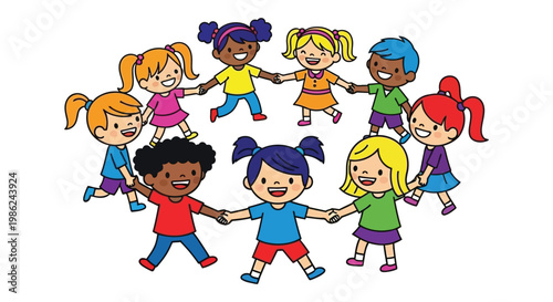 Diverse group of happy children holding hands in a circle, celebrating childhood and unity.