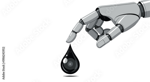 A sophisticated gray metallic robotic finger points precisely downward toward a single viscous and highly reflective black oil droplet on a white background.