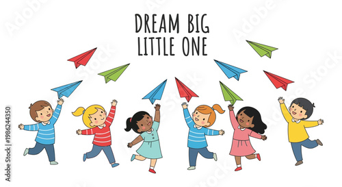 Diverse happy children launching colorful paper airplanes, celebrating dreams and imagination with text ,Dream Big Little One