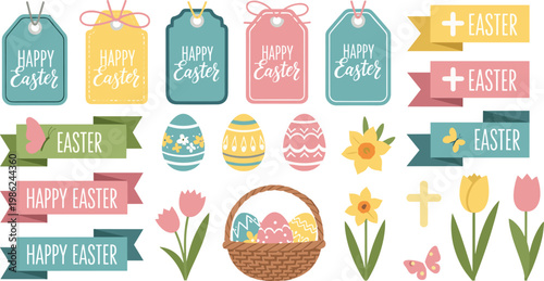 Easter greeting cards collection featuring gift tags banners colorful eggs flowers and wicker basket