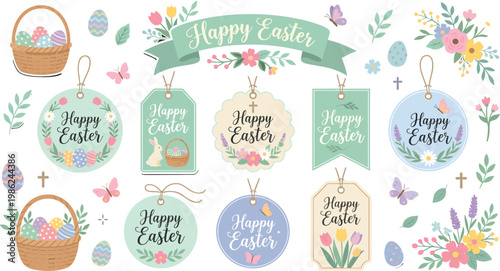 Easter gift tags and stickers with floral elements plus cute colorful eggs in wicker brown baskets