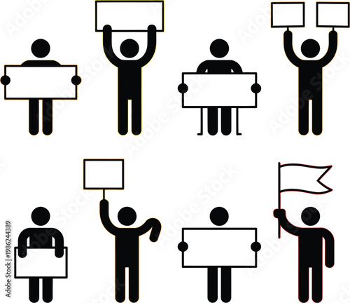 Protest stick figure icons, minimalist vector set of demonstration people holding signs banners and flags social activism silhouettes isolated background
