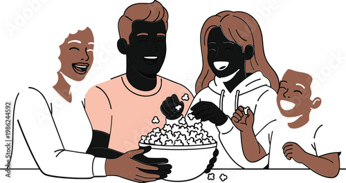 Family watching movie and eating popcorn with happy faces on white background