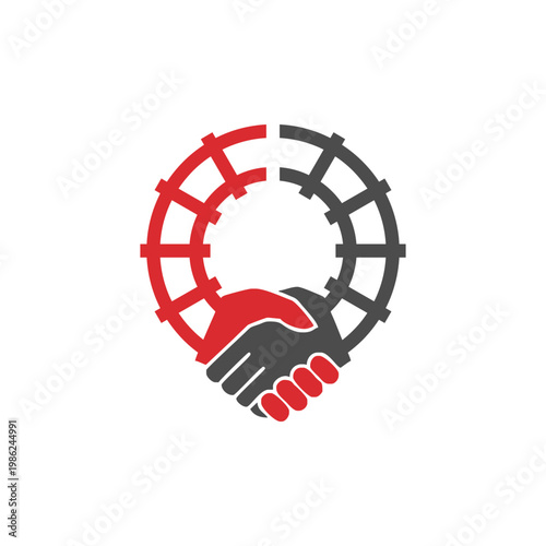 Symbol of railway partnership handshake and circular tracks.