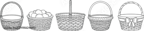 Hand drawn wicker basket collection in different styles including one filled with eggs coloring page