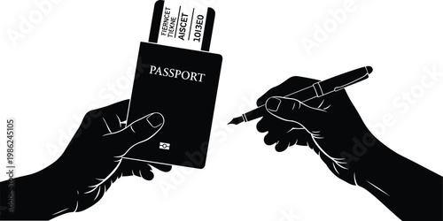 Hands holding a passport with tickets and a pen on a white background