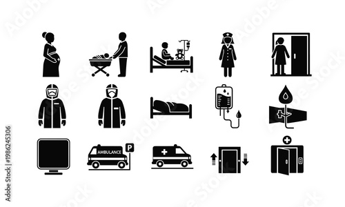 Icons representing various aspects of medical and emergency care services