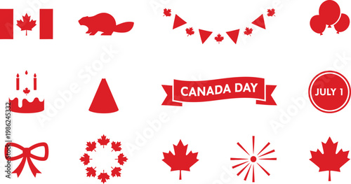 Collection of canada day icons and symbols with canadian flag, maple leaf