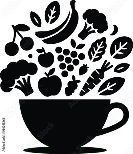 Healthy food cup illustration, black silhouette vector of fruits and vegetables in teacup nutrition concept minimal design isolated white background