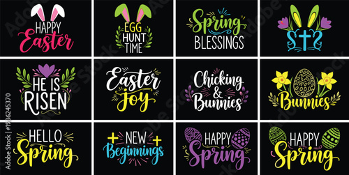 Happy easter egg hunt spring blessings chicking and bunnies religious holiday design