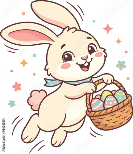 Happy hopping rabbit carrying wicker basket filled with painted eggs surrounded by stars and flowers