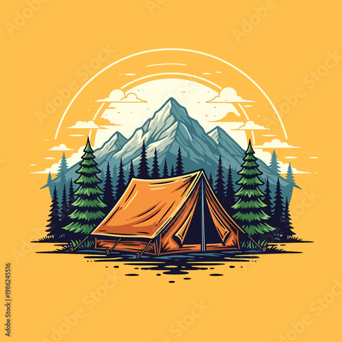 Orange Tent Set Up For Camping Adventure.