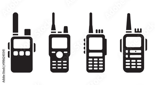 Walkie talkie icon set, four black silhouette portable radios communication device vector illustration simple minimal style set