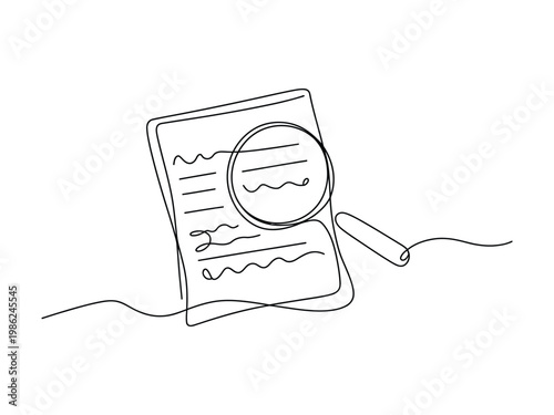 A simple line drawing of a magnifying glass on a document with scribbled lines  symbolizing investigation and research line art