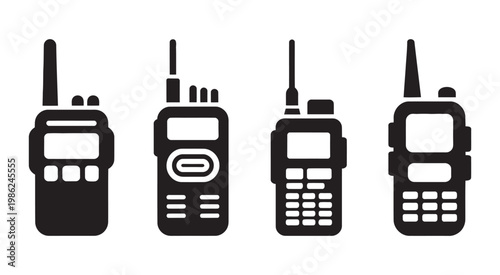 Walkie talkie icon set, four black silhouette portable radio communication devices walkie talkie vector illustration simple pictogram set