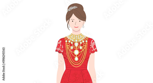 A beautiful woman with elegantly styled brown hair wears an elaborate red lace dress adorned with multiple layers of ornate gold and pearl jewelry pieces.