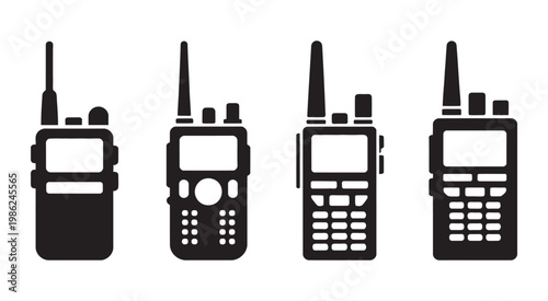 Walkie talkie icon set, four black silhouette portable radios communication device vector illustration simple minimal style set