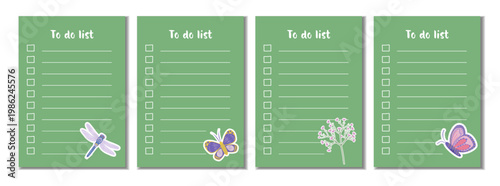 Decorative to-do list templates with dragonfly and colorful butterfly illustrations. Green aesthetic stationery set for creative planning, journaling, and summer task management.
