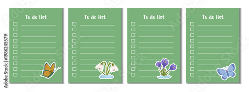 Vertical to-do list templates featuring spring flowers and butterflies. Green nature-inspired stationery design for daily organizing, garden planning, and floral goal tracking.