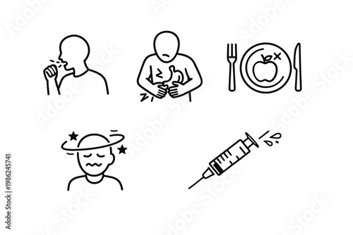 Set of Minimalist Black and White Line Art Icons Representing Common Health Symptoms and Medical Procedures Including Coughing, Stomach Ache, Loss of Appetite, Dizziness, and Vaccination Injection