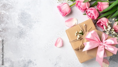 Beautiful Pink Tulips and Gift Box Arrangement for Special Occasions.