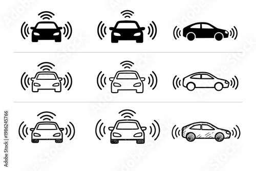 Autonomous Self-Driving Car Icon Set Featuring Sensor Waves and Wireless Signals. Smart Vehicle Technology Symbols in Solid Silhouette, Outline, and Hand-Drawn Sketch Styles for Future Tech.