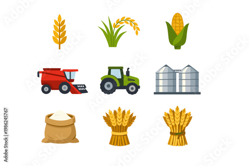 Flat vector agricultural icon set featuring wheat stalks, rice plants, corn cobs, red combine harvester, green tractor, metal grain silos, flour sack, and golden wheat sheaves for farming industry.