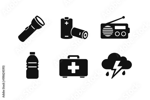 Flat design survival kit icons set featuring essential emergency preparedness equipment including a flashlight, batteries, portable radio, water bottle, first aid kit, and storm cloud symbol.