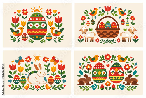 Set of Four Easter Greeting Card Templates in Geometric Folk Art Style featuring Decorated Eggs, White Bunny, Lambs, Birds, and Spring Flowers. Flat Vector Illustration for Holiday Celebration.
