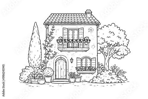 Vector outline sketch of a charming Italian villa featuring a balcony, tiled roof, arched doorway, and a beautiful garden with cypress trees and potted flowers, ideal for coloring book pages.