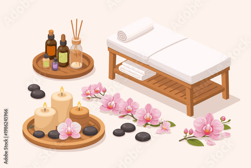 Isometric Spa Elements Collection Featuring Massage Table, White Towels, Essential Oil Bottles, Reed Diffuser, Scented Candles, Hot Stones, and Pink Orchid Flowers for Wellness and Relaxation