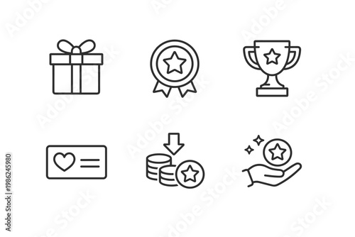 Loyalty and Reward Program Icon Set with Gift Box, VIP Badge, Trophy, Loyalty Card, Redeem Points, and Bonus Hand. Minimalist Line Art Vector Illustration for Business Marketing and E-commerce.