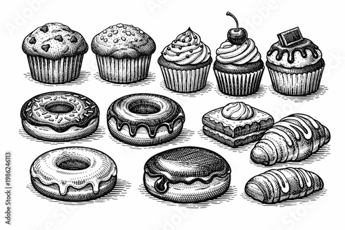 Vintage Hand Drawn Engraving Set of Sweet Bakery Treats Featuring Frosted Cupcakes with Cherry and Chocolate, Muffins, Glazed Donuts, Croissants, and Pastries Isolated on a White Background