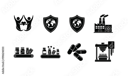 Illustrations representing pharmaceutical, industrial, and global health concepts