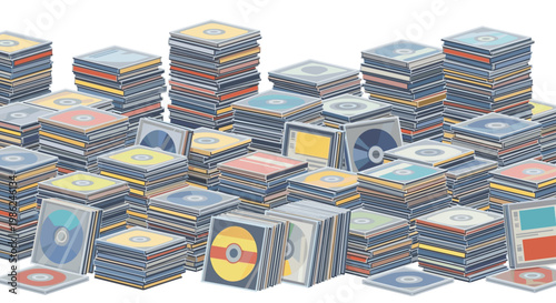 A massive collection of vintage compact disc jewel cases featuring diverse colorful cover designs is piled haphazardly against a clean white background.