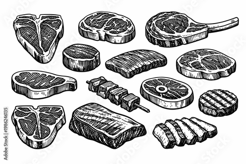 Vintage Hand-Drawn Meat Cuts and Steak Illustrations Set Featuring T-Bone, Ribeye, Sirloin, Fillet, Ribs, Skewers, and Burger Patty in a Classic Black and White Engraving Style for Butcher Menus