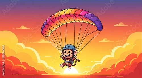 A cartoon monkey wearing a helmet and a harness, joyfully parachuting against a gradient sunset backdrop. Fluffy clouds in a vibrant sky