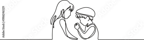 Two children drawn with a single continuous line, one gently praying.