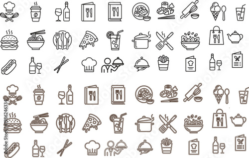 Culinary and gastronomy vector icons collection with drinks, fast food, and chef symbols
