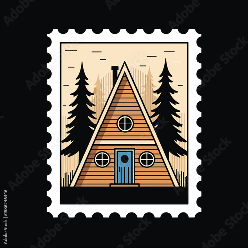 A Frame Cabin Stamp Design Illustration.