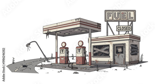 A weathered and abandoned vintage gas station features boarded windows and rusted fuel pumps standing amidst cracked pavement under a bright white sky.