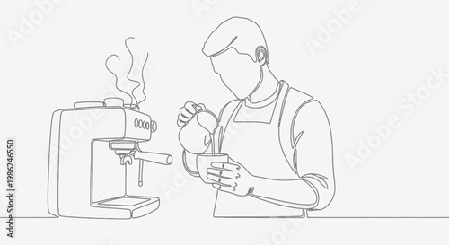 Man in apron holding coffee cup.